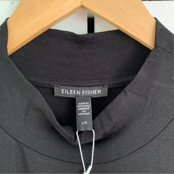 Eileen Fisher Shift Dress Mock Neck Drawstring Jersey Black Sleeveless Size L
